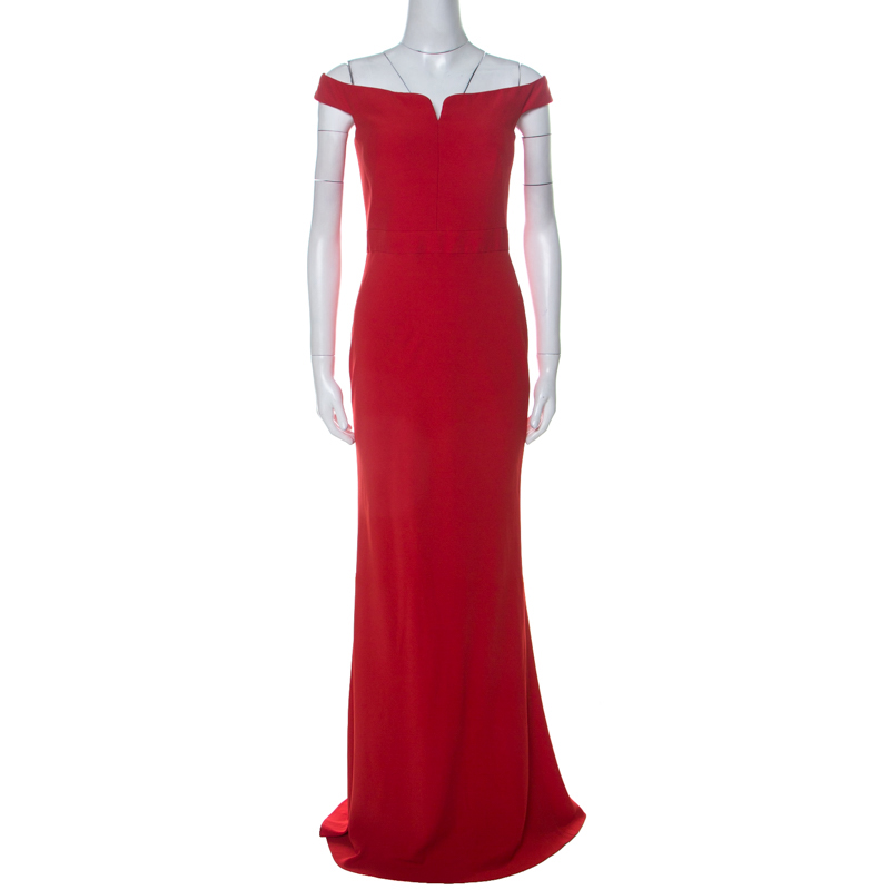 Pre Owned Alexander McQueen Red Crepe Off Shoulder Evening Gown M