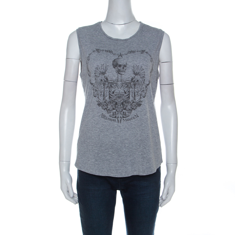 Pre Owned Alexander McQueen Grey Skeleton Printed Cotton Jersey Tank Top S