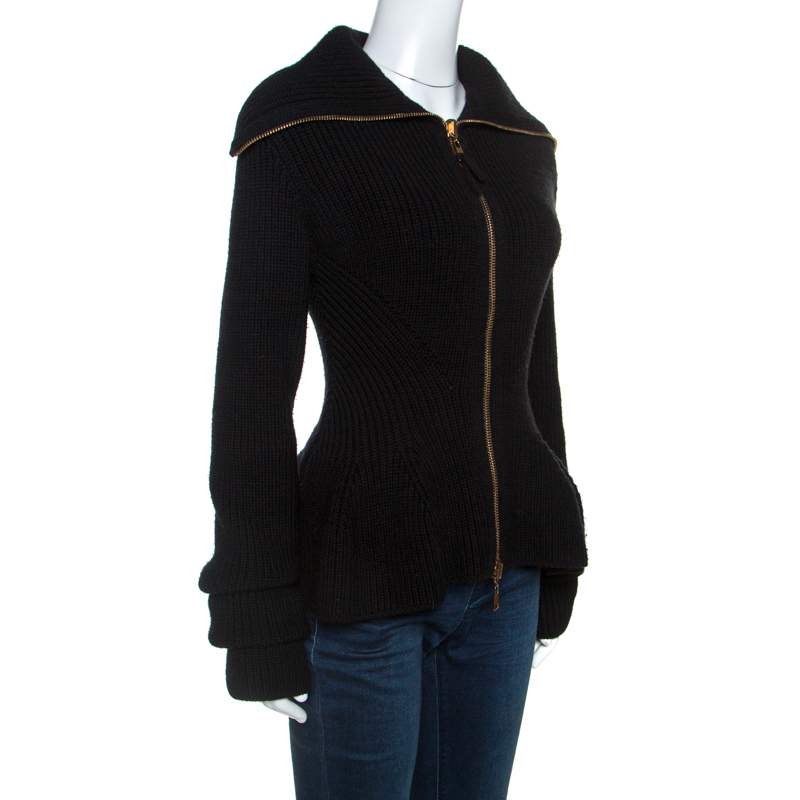 

Alexander McQueen Black Wool Sculpt Rib Knit Peplum Cardigan