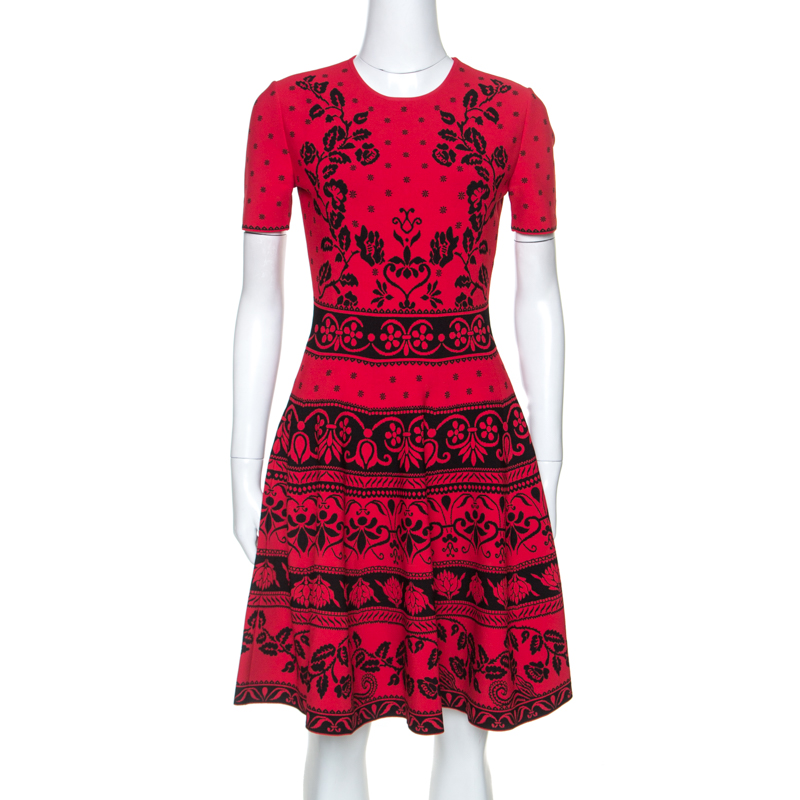 Pre Owned Alexander McQueen Poppy Red Floral Jacquard Knit Dress M