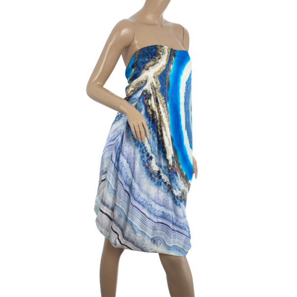 

Alexander McQueen Agate-Print Silk-Satin Bustier Dress, Blue