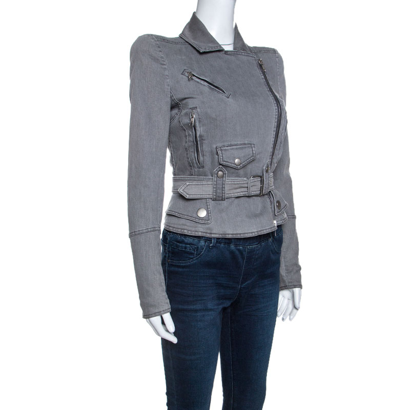 

Alexander McQueen Grey Denim Padded Shoulder Biker Jacket