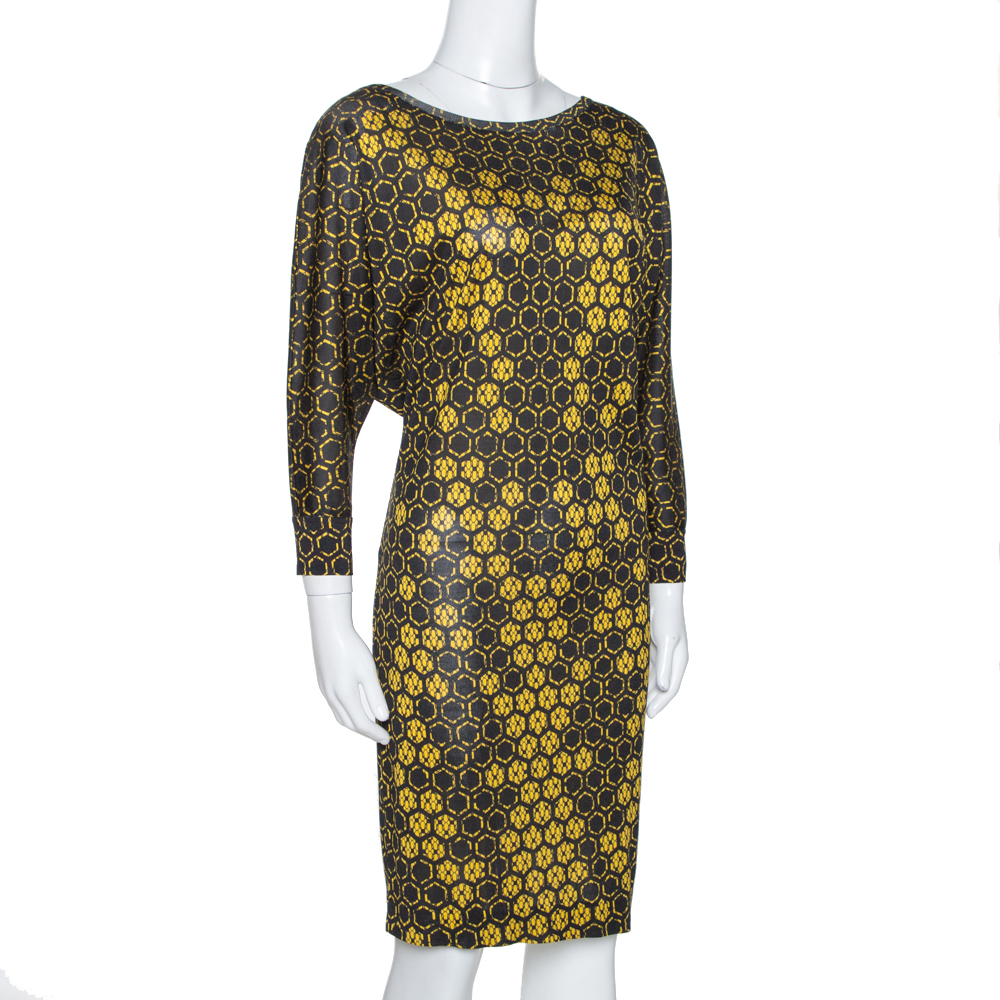 

Alexander McQueen Yellow Honeycomb Print Silk Jersey Shift Dress