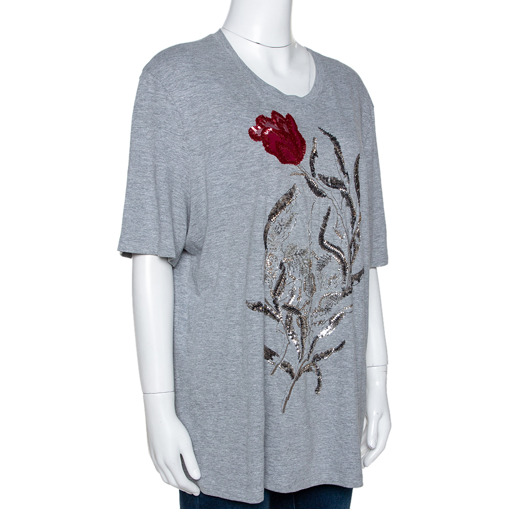 

Alexander McQueen Grey Cotton Floral Sequin Embellished T Shirt