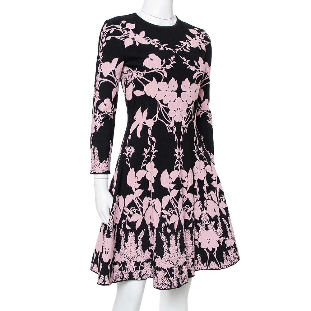 

Alexander McQueen Black & Pink Floral Jacquard Knit Skater Dress