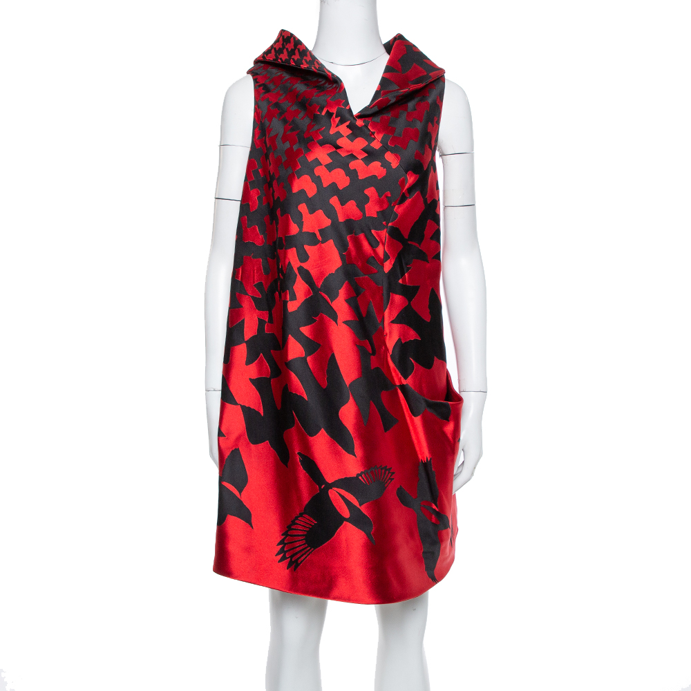 Pre Owned Alexander McQueen Red & Black Patterned Satin High Neck Detail Shift Dress S