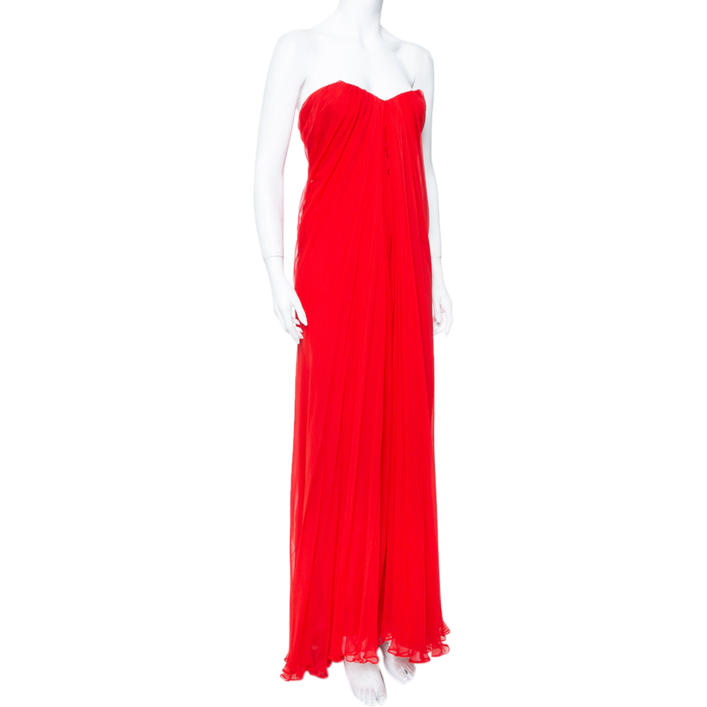 

Alexander McQueen Red Chiffon Bustier Detail Strapless Evening Gown