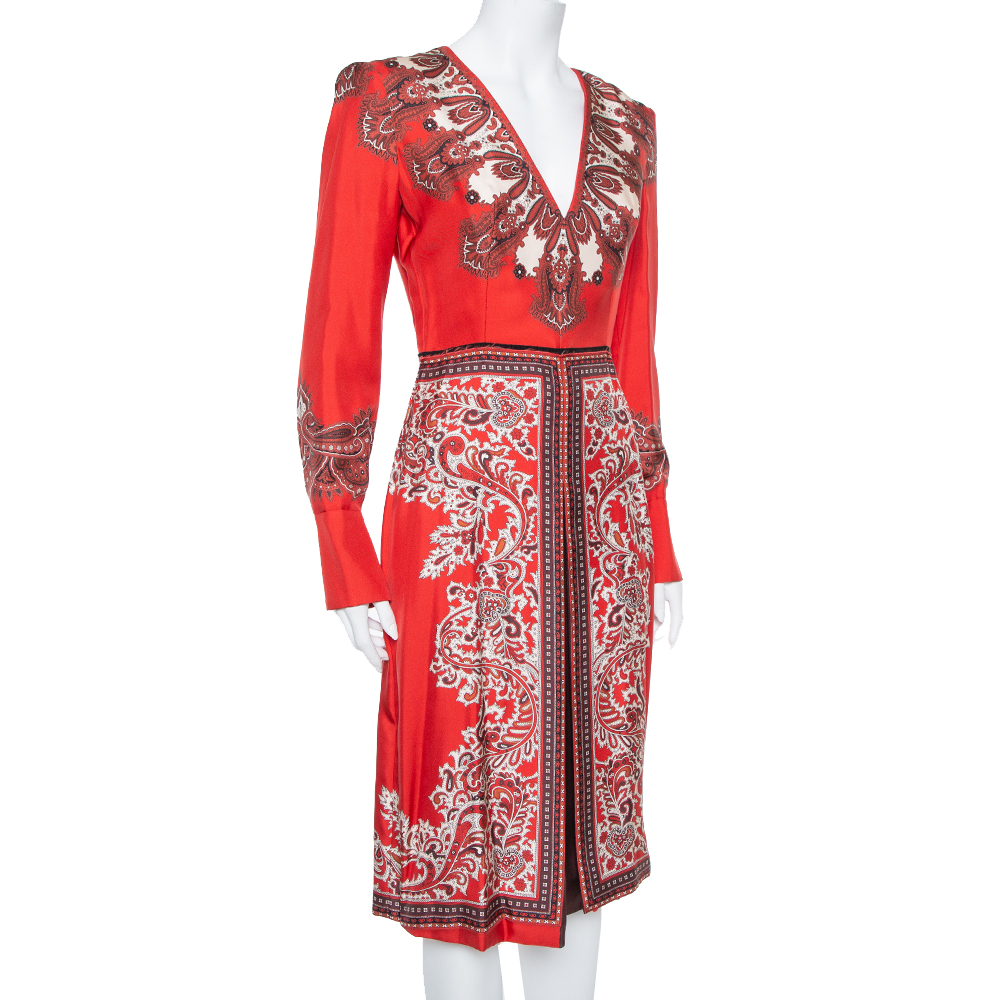 

Alexander McQueen Red Paisley Printed Silk Plunge Neck Midi Dress