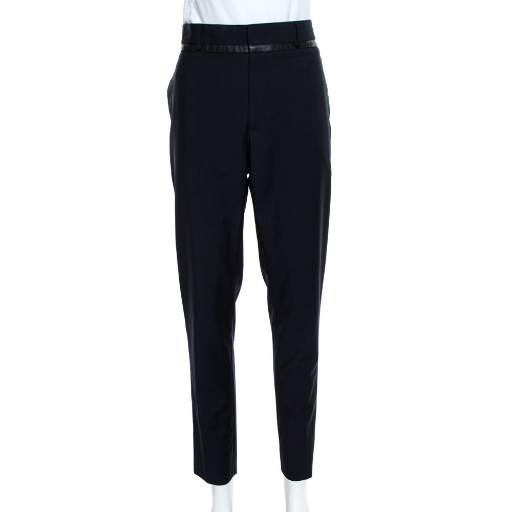 Pre-owned Alexander Mcqueen Mcq By  Navy Blue Wool Leather Trim Detail Straight Leg Trousers Xl