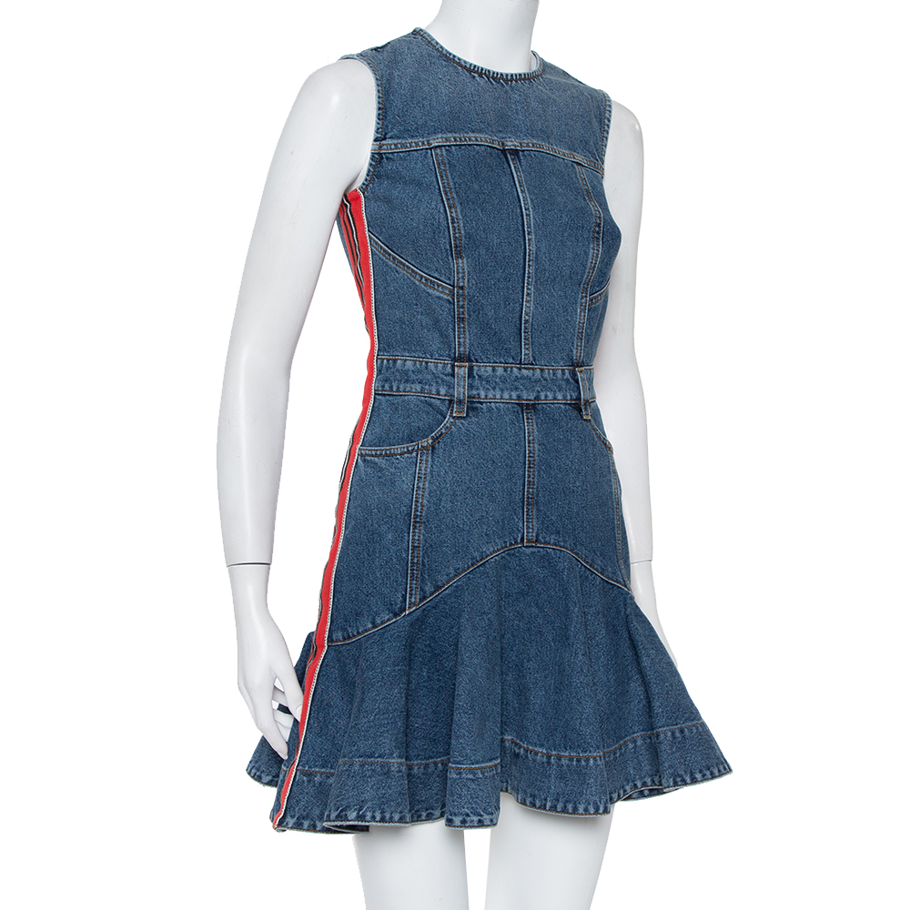 

Alexander McQueen Blue Denim Side Stripe Detail Flared Mini Dress