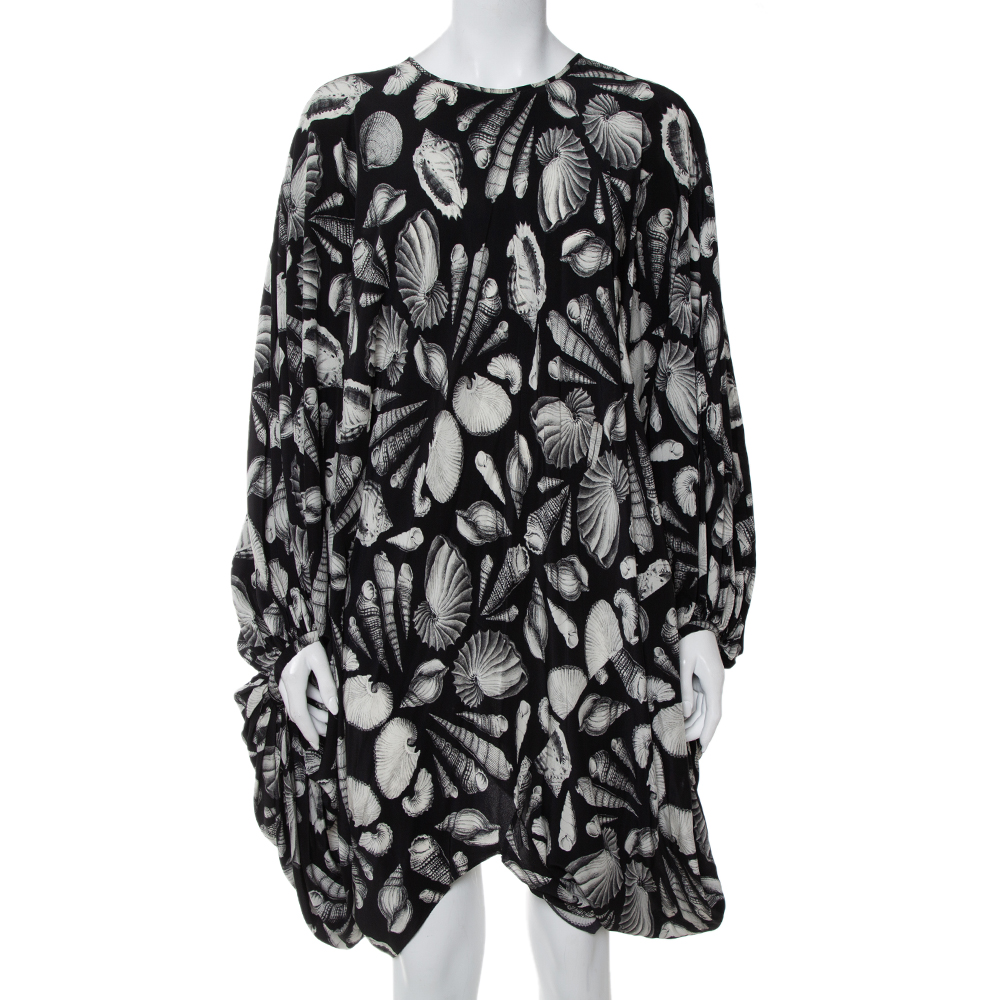 Pre-owned Alexander Mcqueen Black Shell Printed Silk Oversized Mini Dress M