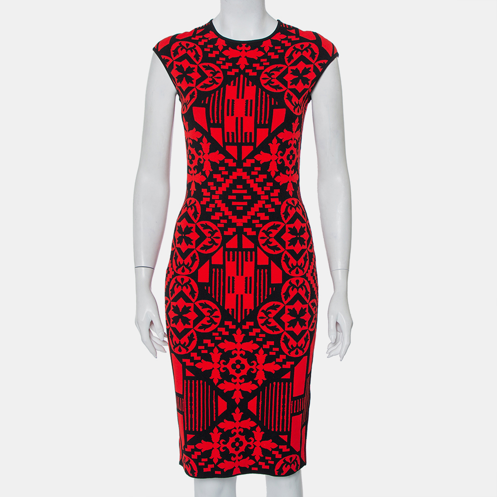Pre-owned Alexander Mcqueen Red & Black Jacquard Knit Sheath Dress M