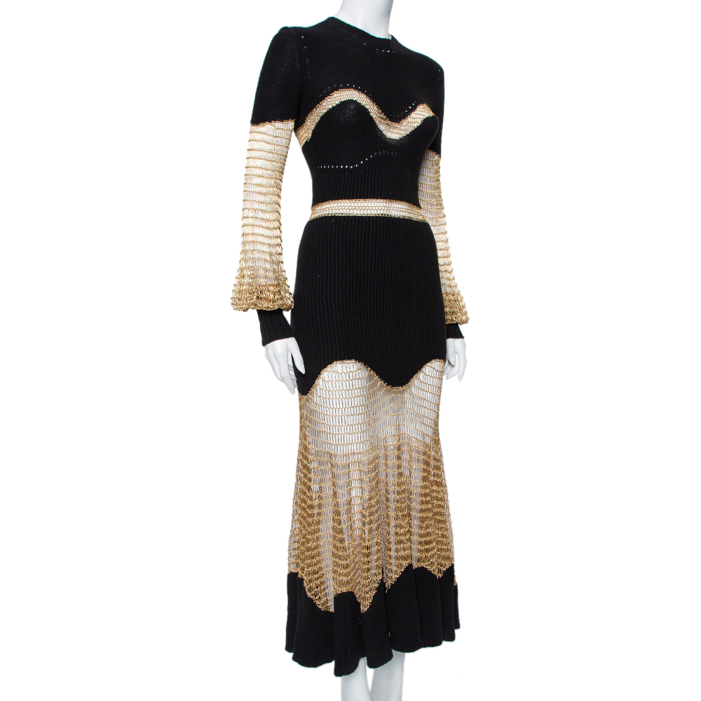 

Alexander McQueen Black & Gold Knit & Mesh Paneled Maxi Dress
