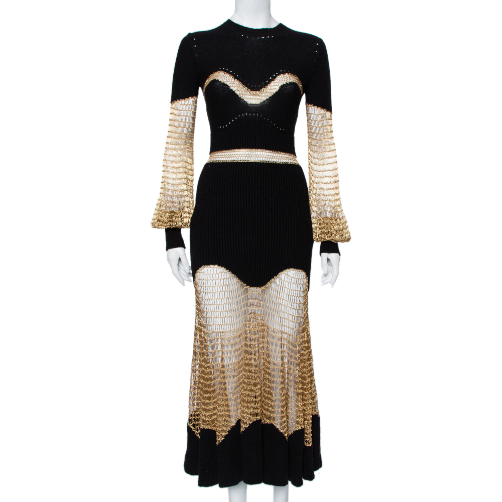 Pre-owned Alexander Mcqueen Black & Gold Knit & Mesh Paneled Maxi Dress S