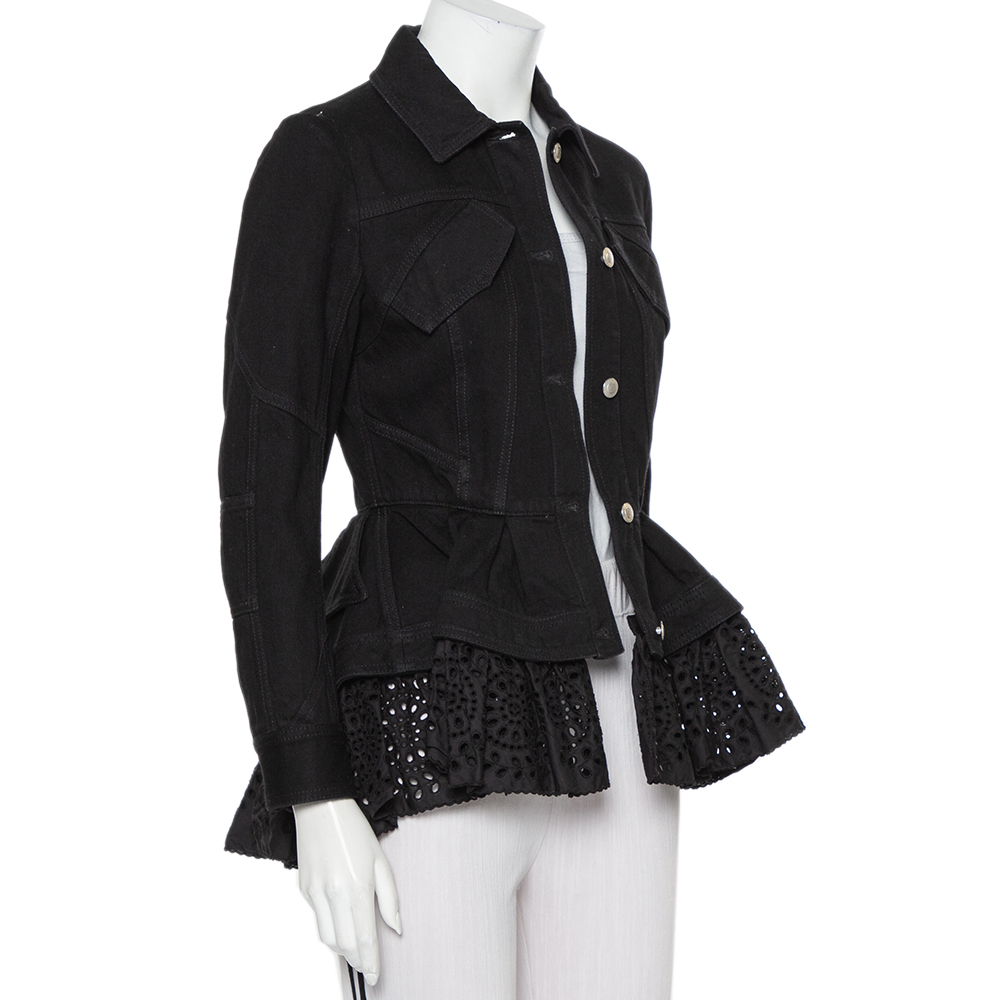 

Alexander McQueen Black Denim & Embroidered Lace Peplum Jacket