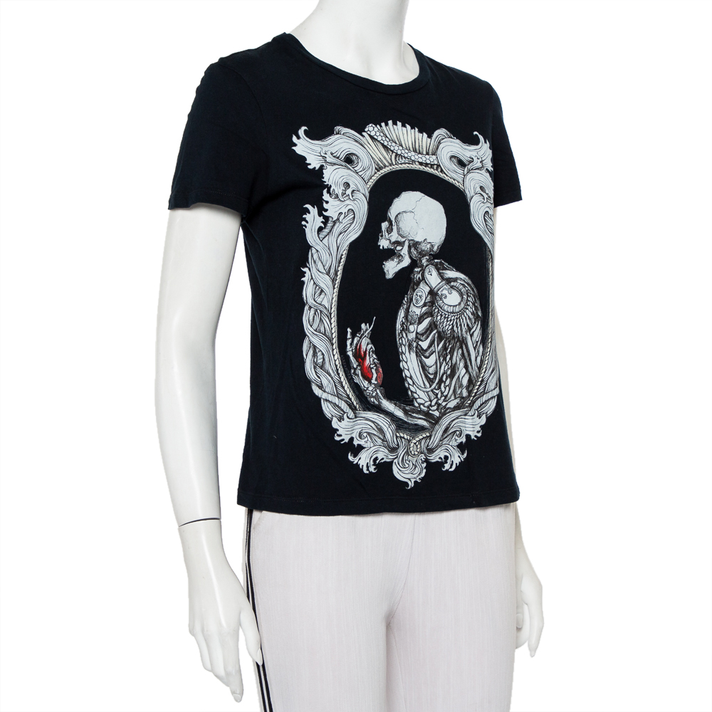 

Alexander McQueen Midnight Blue Skeleton Printed Cotton Crewneck T-Shirt, Navy blue