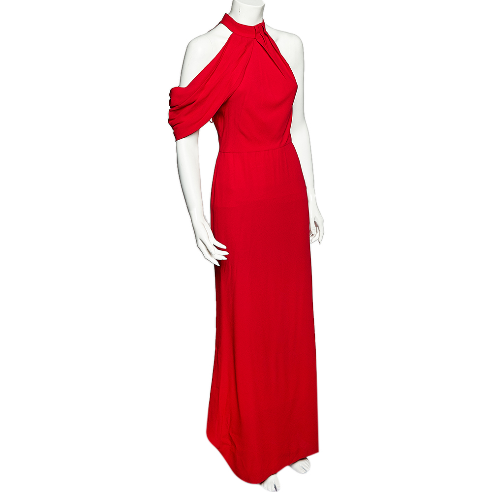 

Alexander McQueen Red Crepe Draped Shoulder Halter Neck Gown