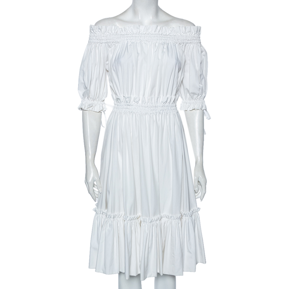 White Cotton Ruched Tiered Off Shoulder Midi Dress