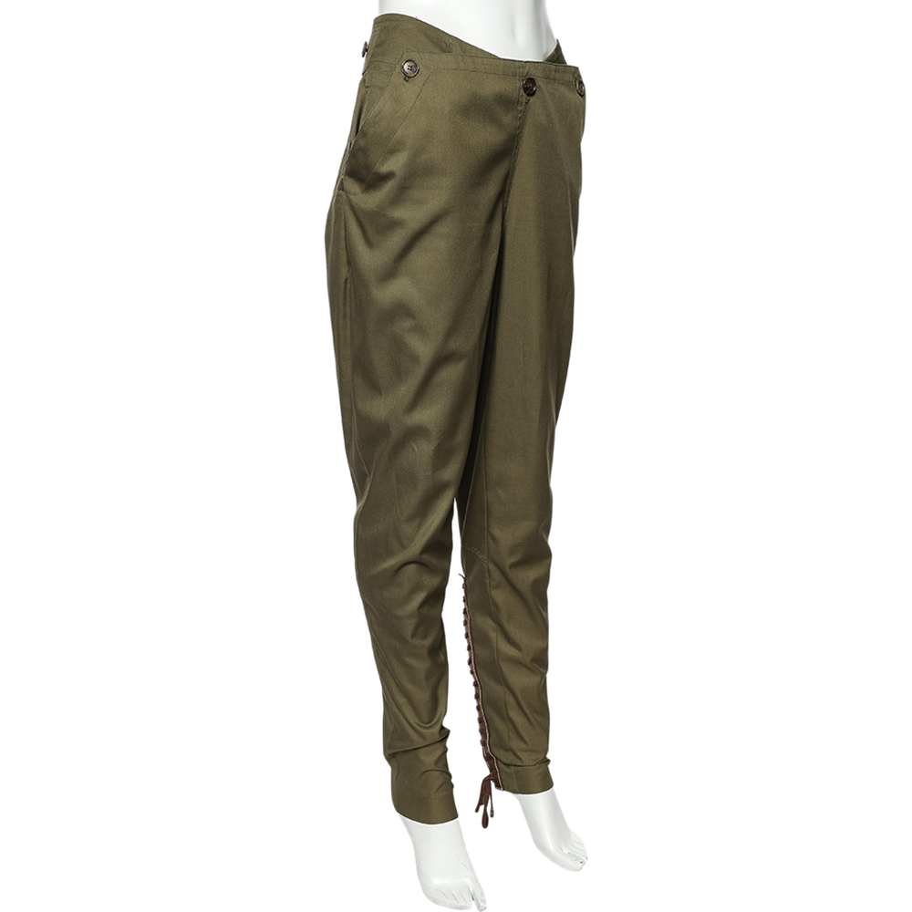 

Alexander McQueen Military Green Cotton & Leather Lace Up Detail Trousers