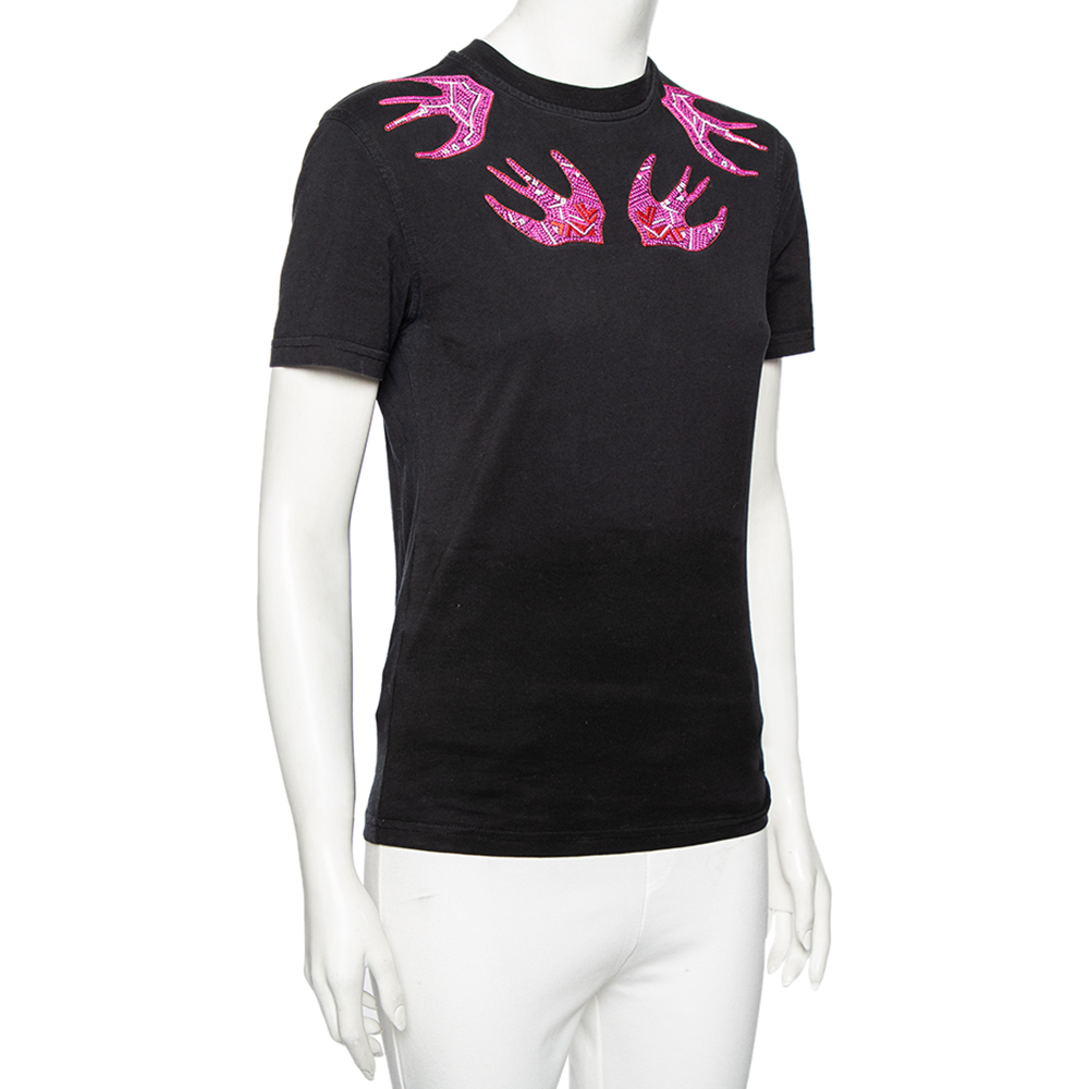 

Alexander Mcqueen Black Cotton Pink Swallow Embroidered Crewneck T-Shirt