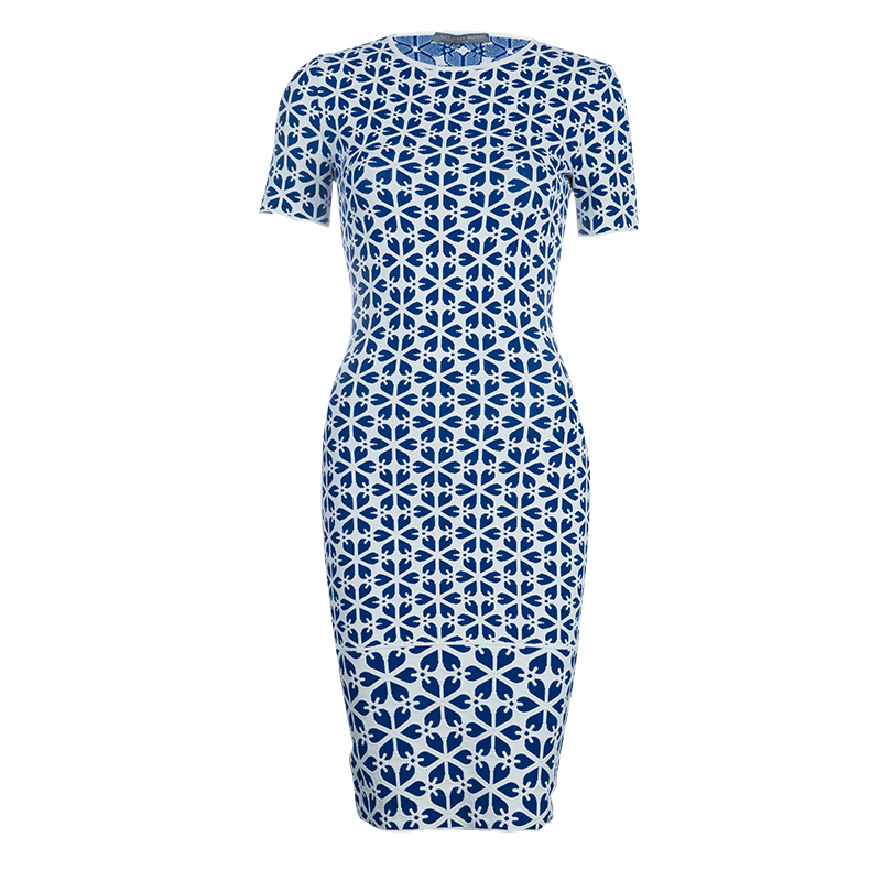 Alexander McQueen Blue Embossed Floral Jacquard Pattern Knit Dress XXS