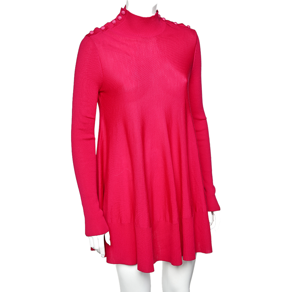 

Alexander McQueen Magenta Wool Button Detail Turtleneck Flared Mini Dress, Pink