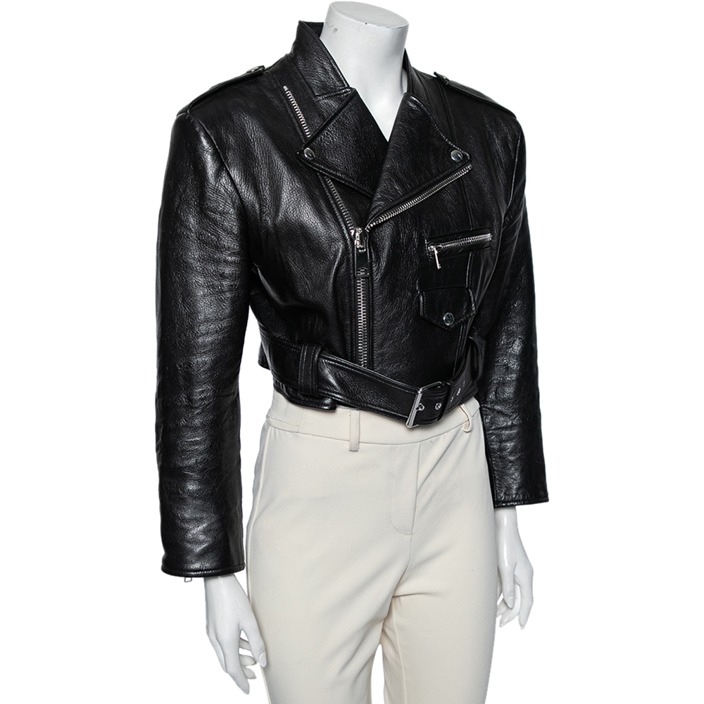 

Alexander McQueen Black Leather Belted Zip Front Cropped Jacket
