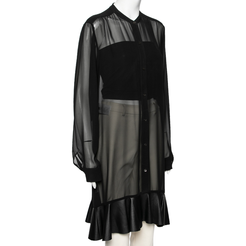 

Alexander McQueen Black Chiffon Leather Trim Detail Button Front Dress