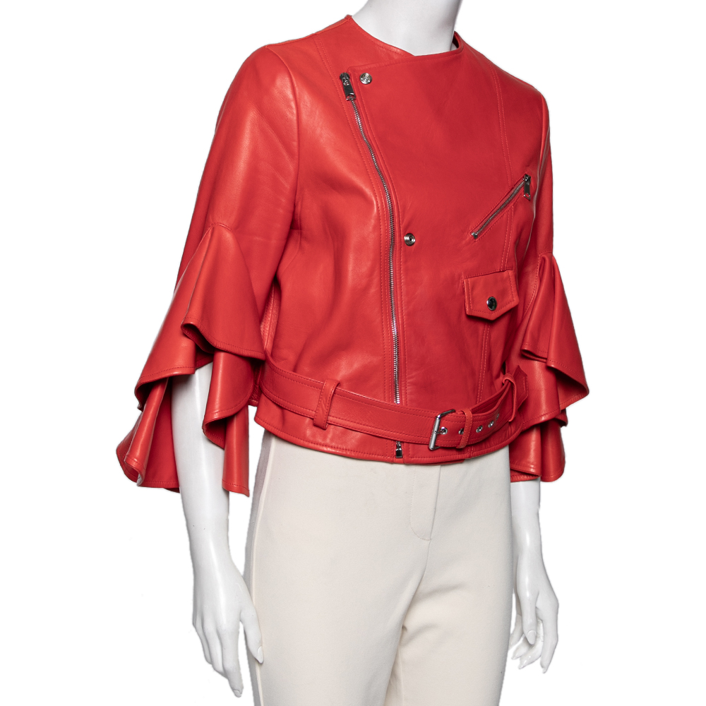 

Alexander McQueen Red Leather Ruffled Sleeve Zip Front Jacket