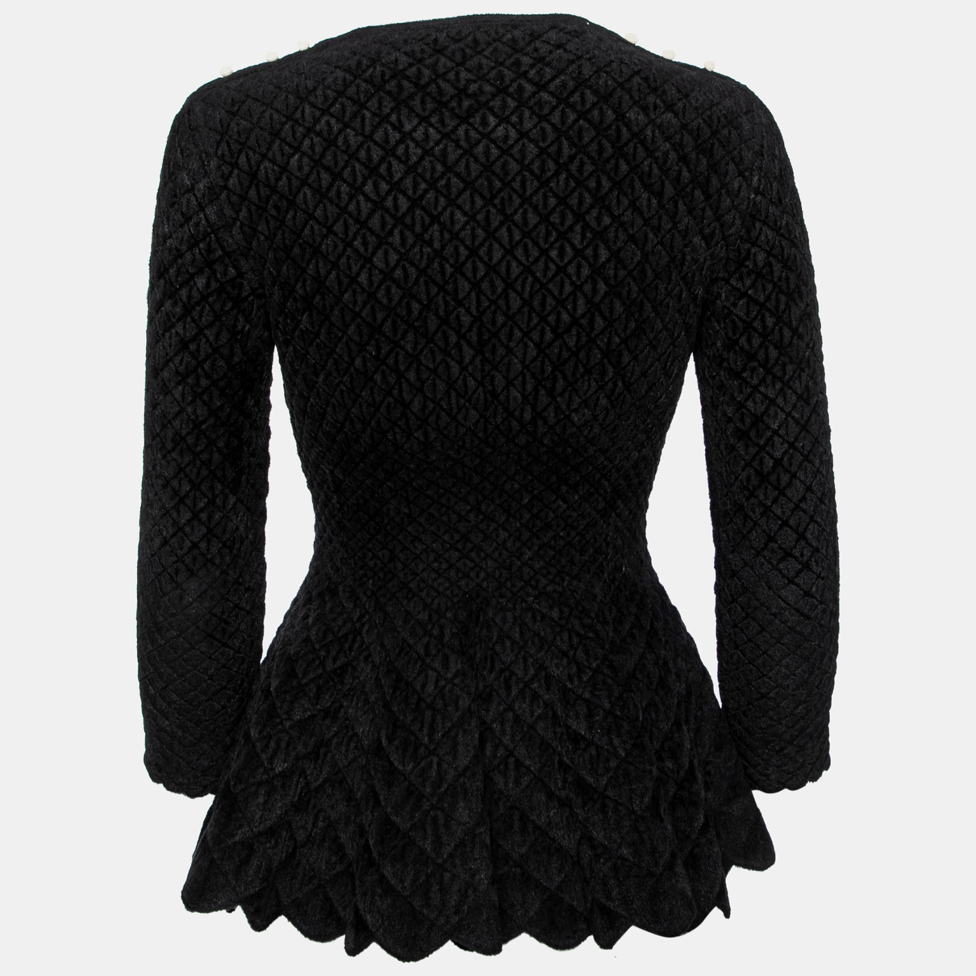 

Alexander McQueen Black Patterned Stretch Wool Peplum Top