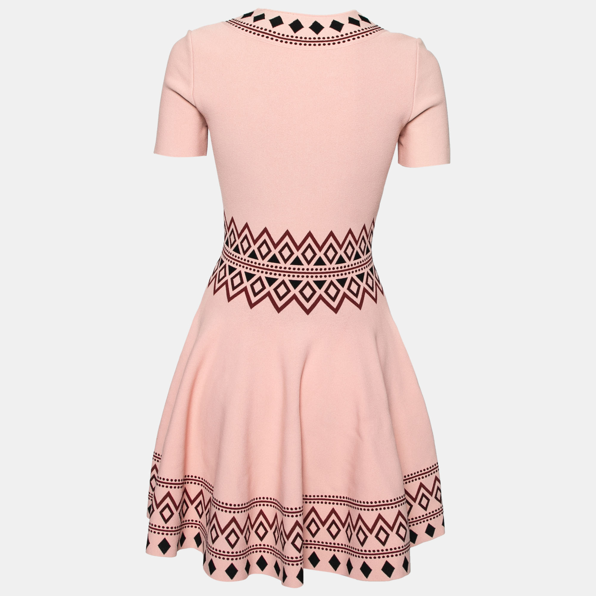 

Alexander McQueen Pink Knit Geometric Pattern Short Sleeves Flared Dress