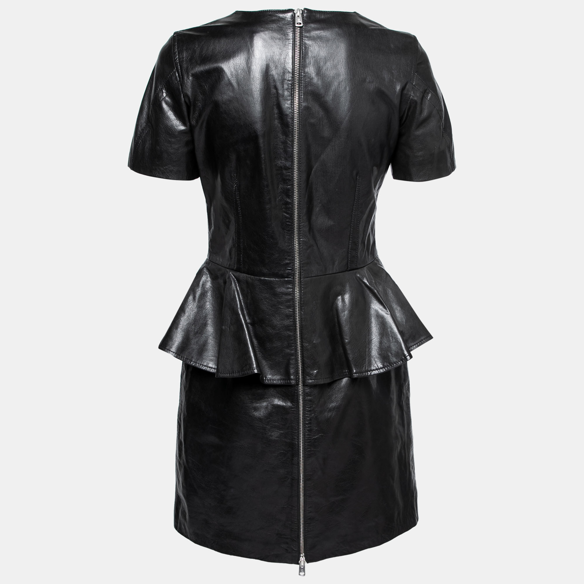 

McQ by Alexander McQueen Black Leather Short Sleeve Peplum Dress