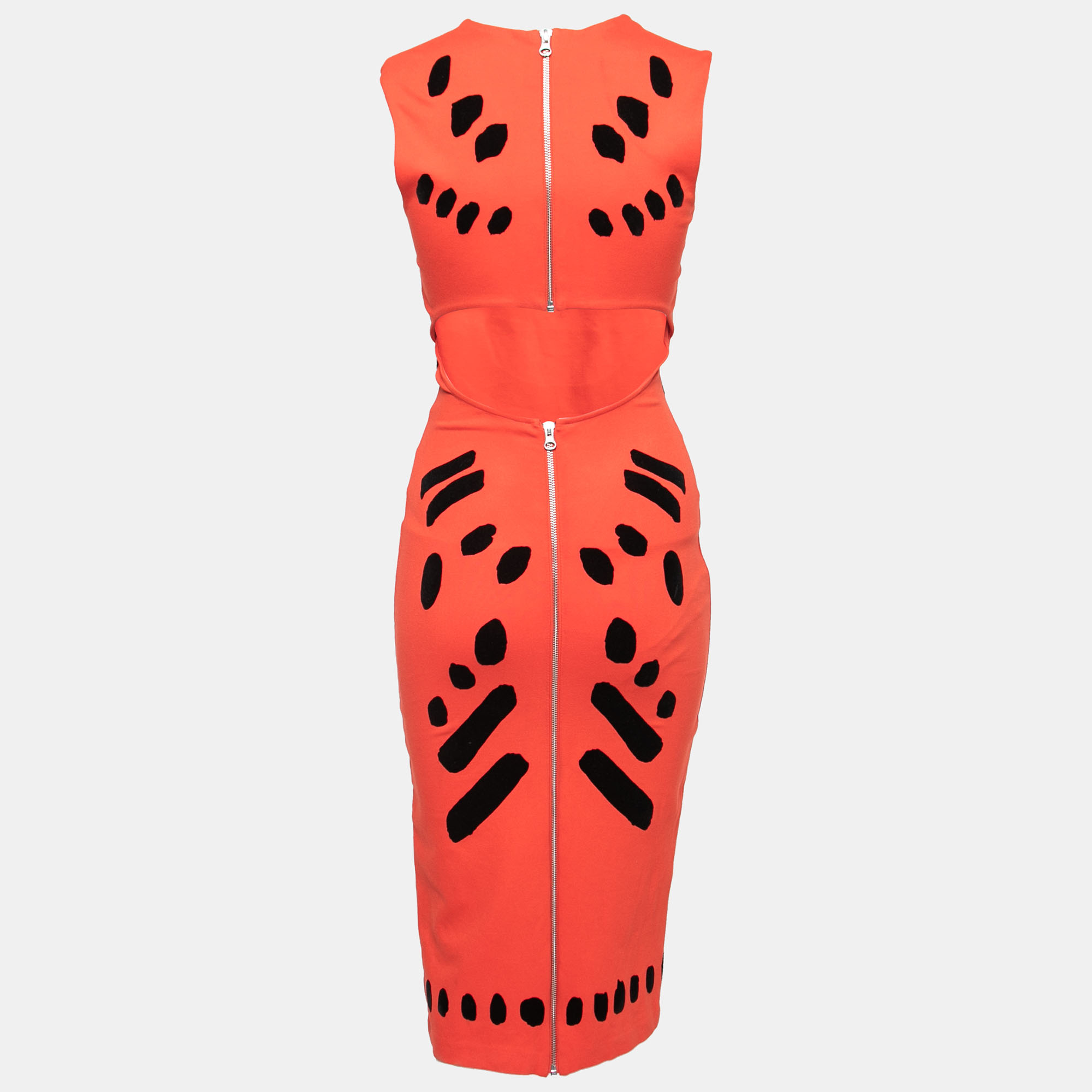 

Alexander McQueen Red Knit Velour Patterned Cut-Out Back Midi Dress
