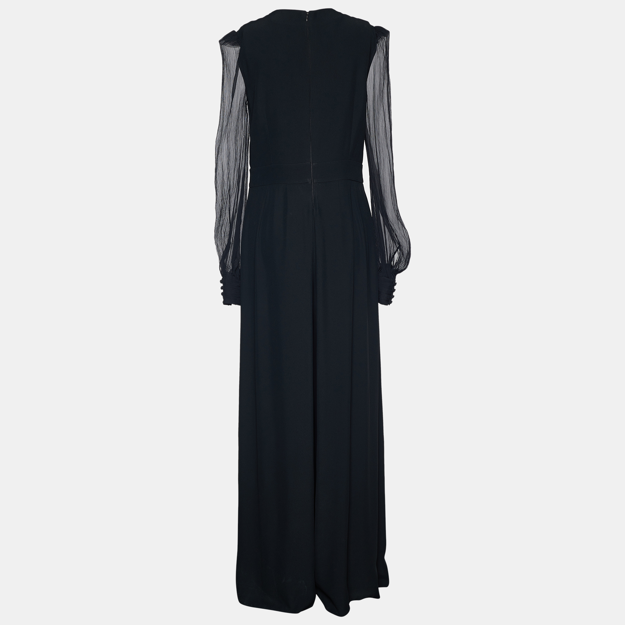 

Alexander McQueen Black Crepe Sheer Sleeve Wide Leg Jumpsuit