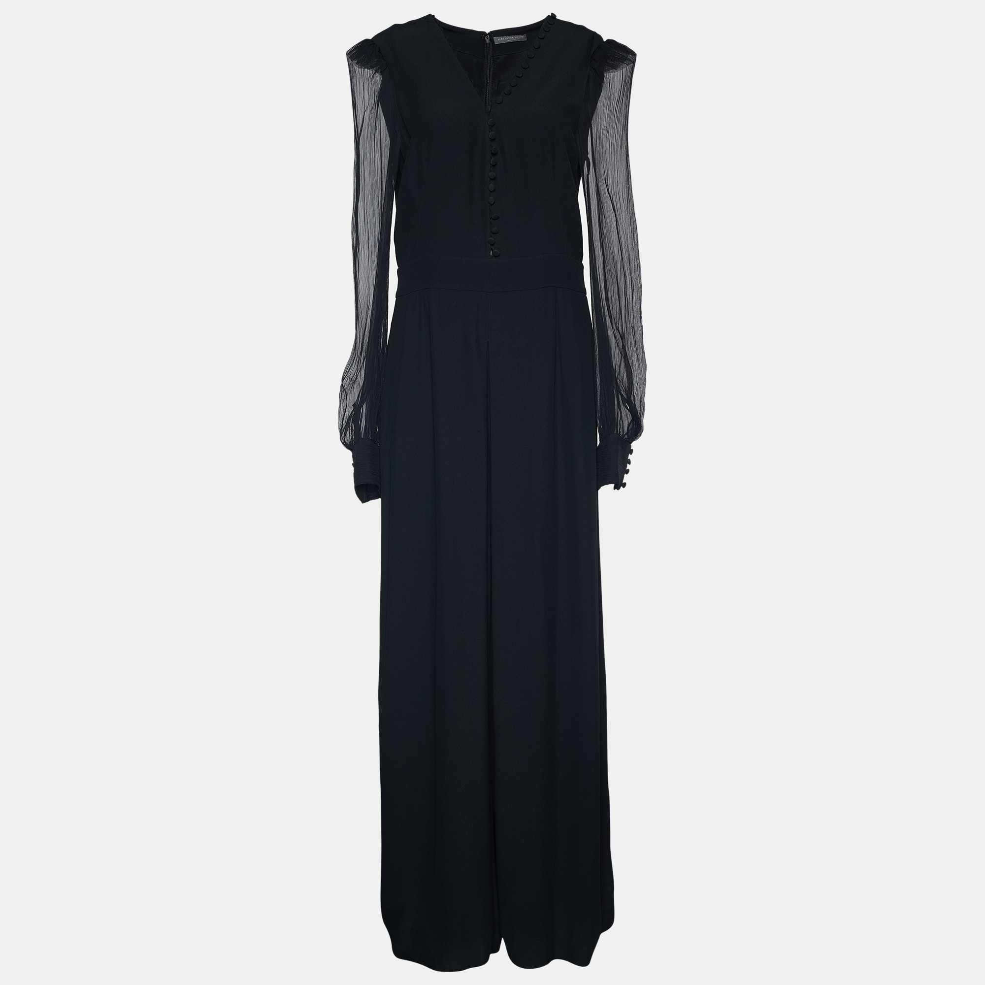 Pre Owned Alexander McQueen Black Crepe Sheer Sleeve Wide Leg Jumpsuit M