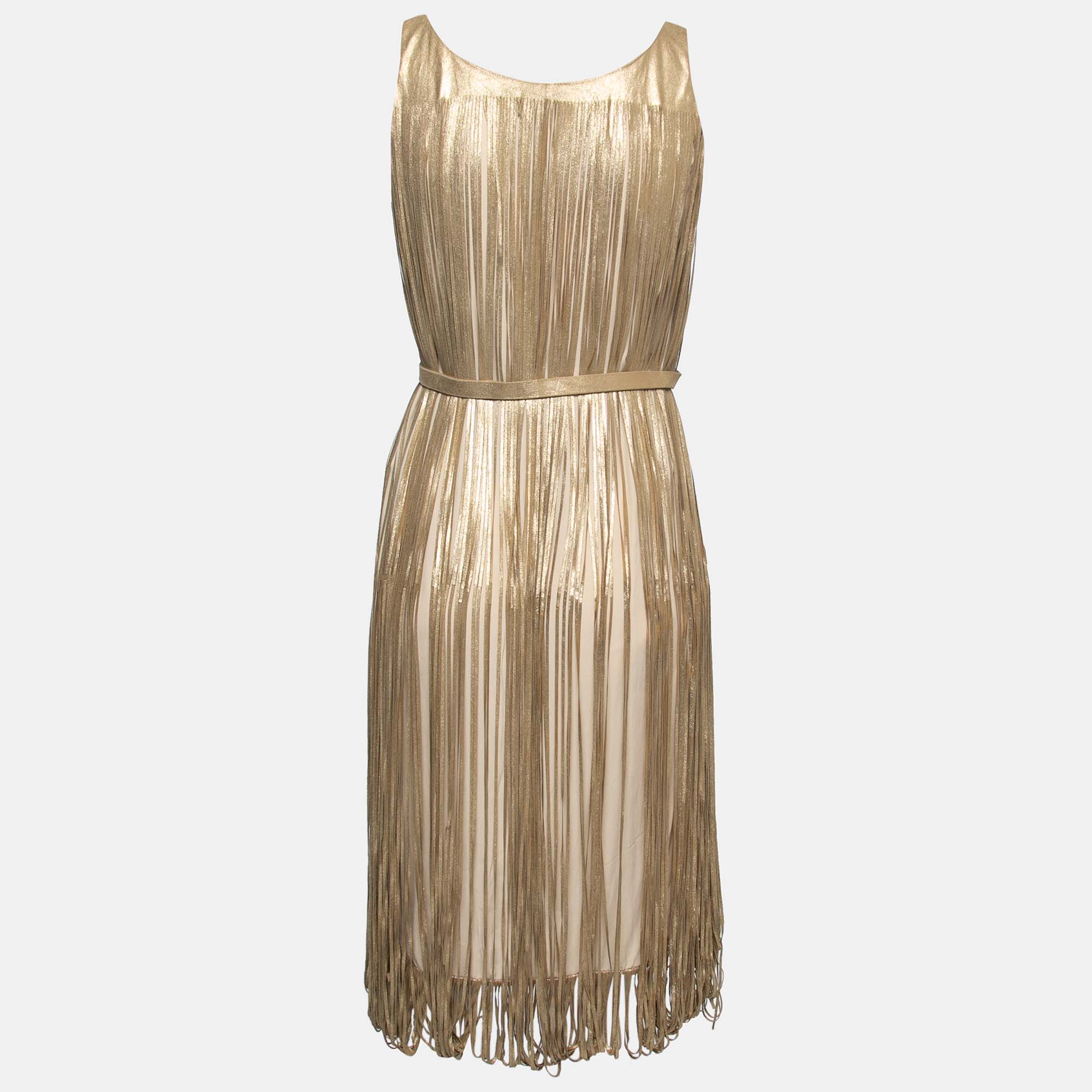 

Alexander McQueen Gold LeatherFringed Belted Midi Dress