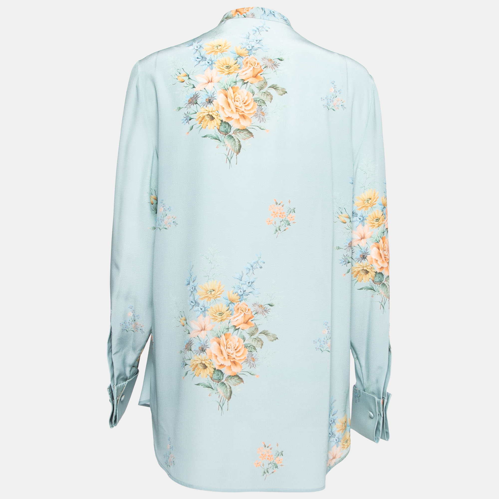 

Alexander McQueen Blue Floral Printed Silk Mandarin Collar Blouse