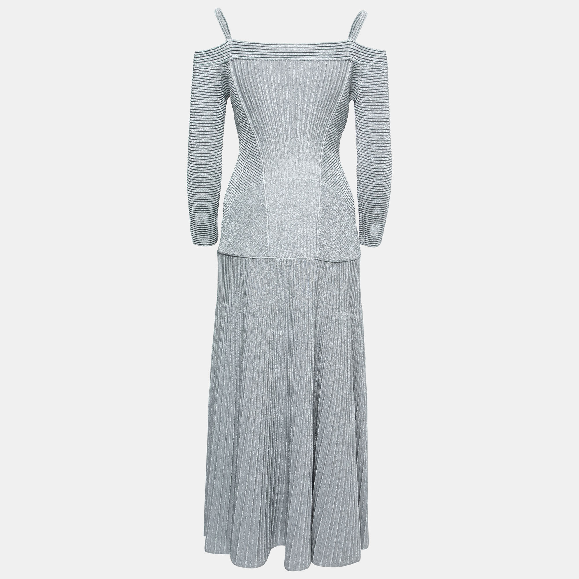 

Alexander McQueen Metallic Grey Ribbed Knit Off-Shoulder Maxi Dress