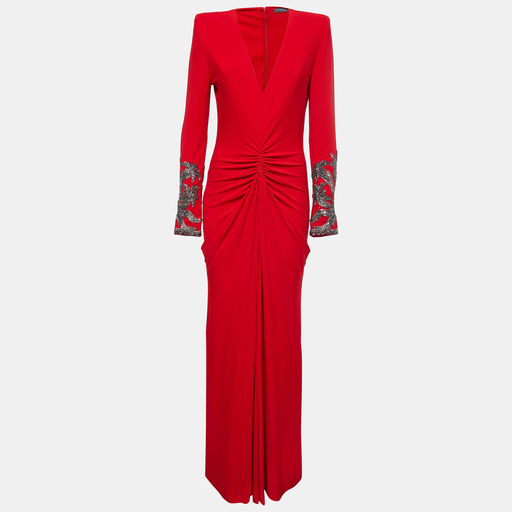 Alexander McQueen Red Jersey Embellished Long Sleeve V-Neck Gown L