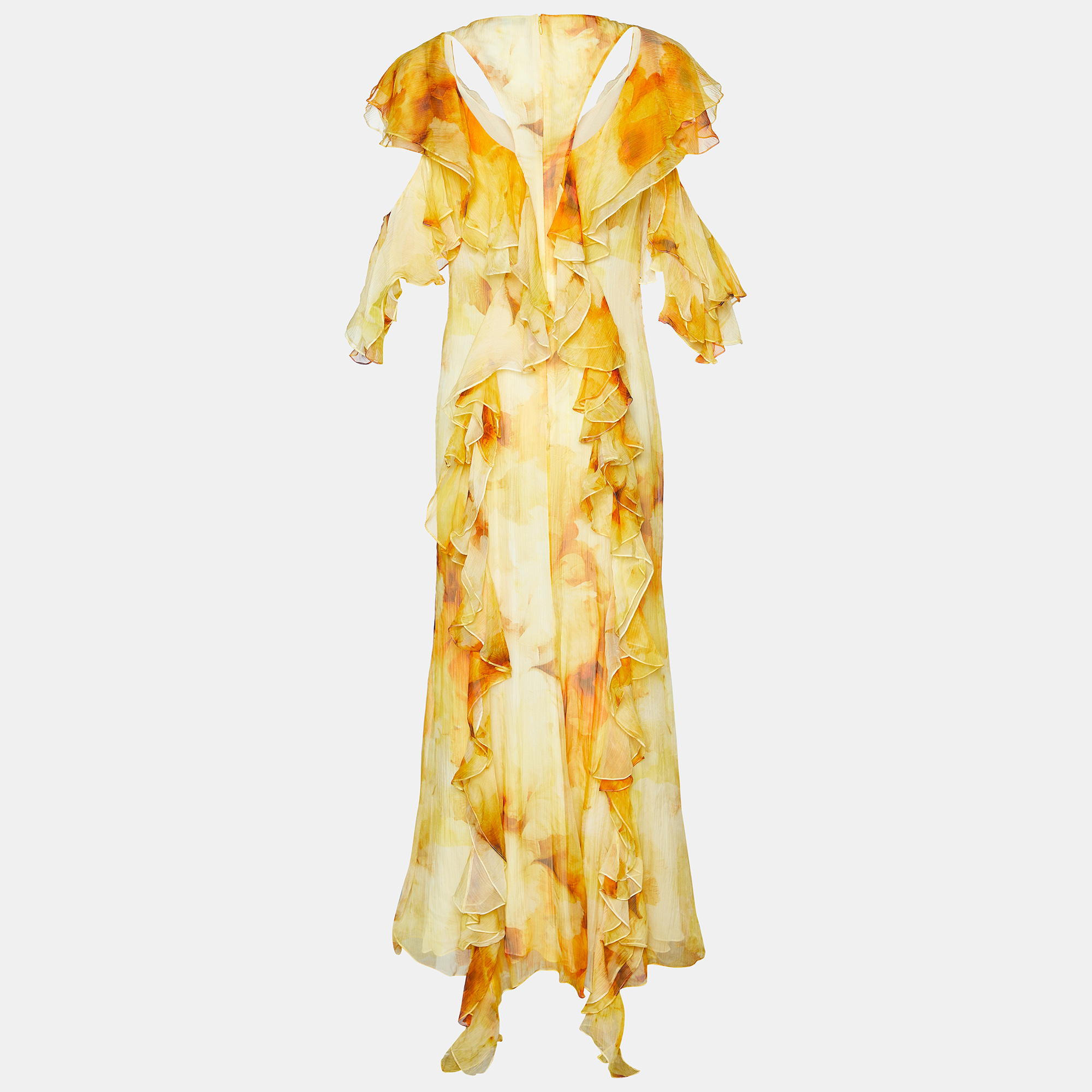 

Alexander McQueen Yellow Printed Silk Chiffon Ruffled Maxi Dress