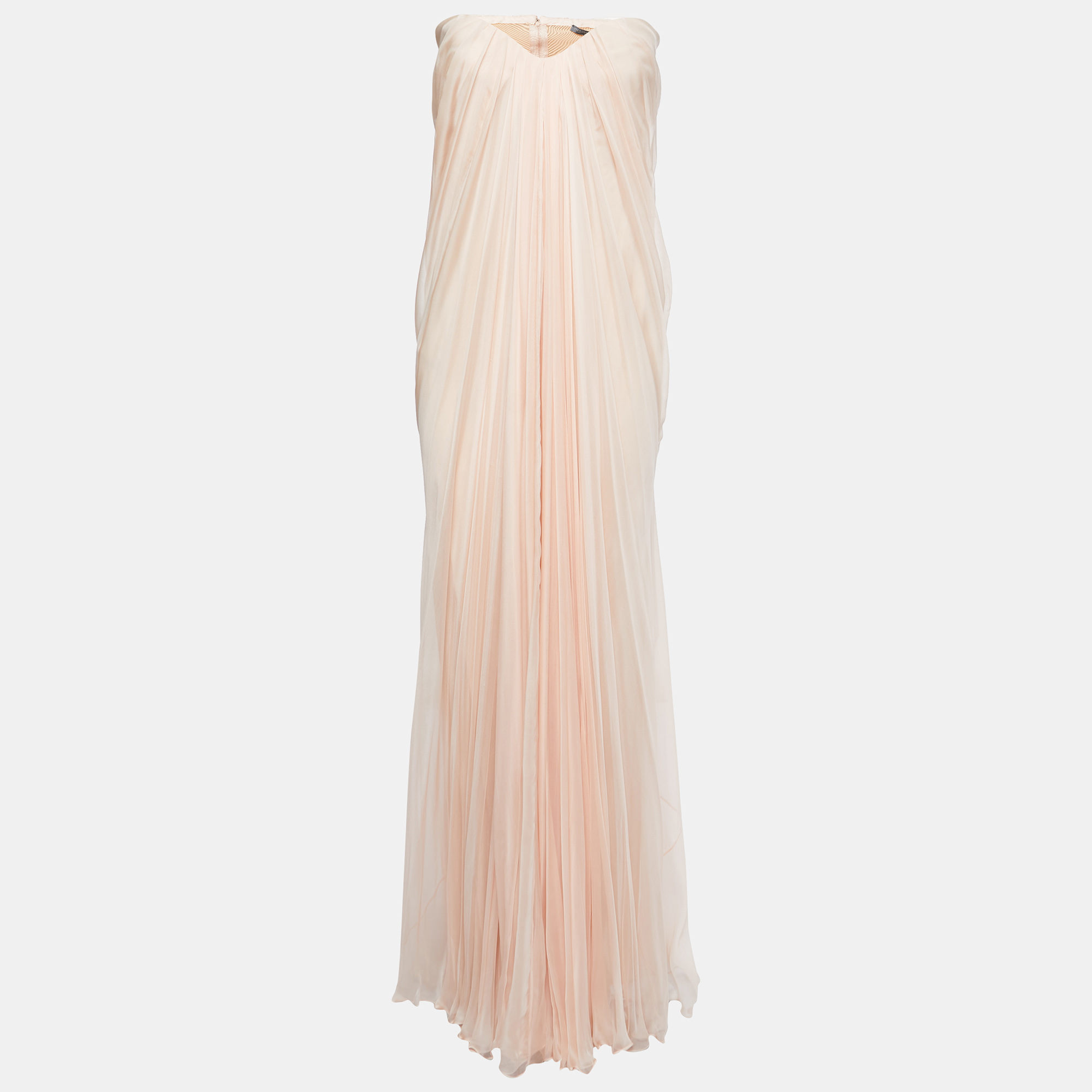 Pre-owned Alexander Mcqueen Light Coral Silk Chiffon Draped Strapless Gown L In Orange