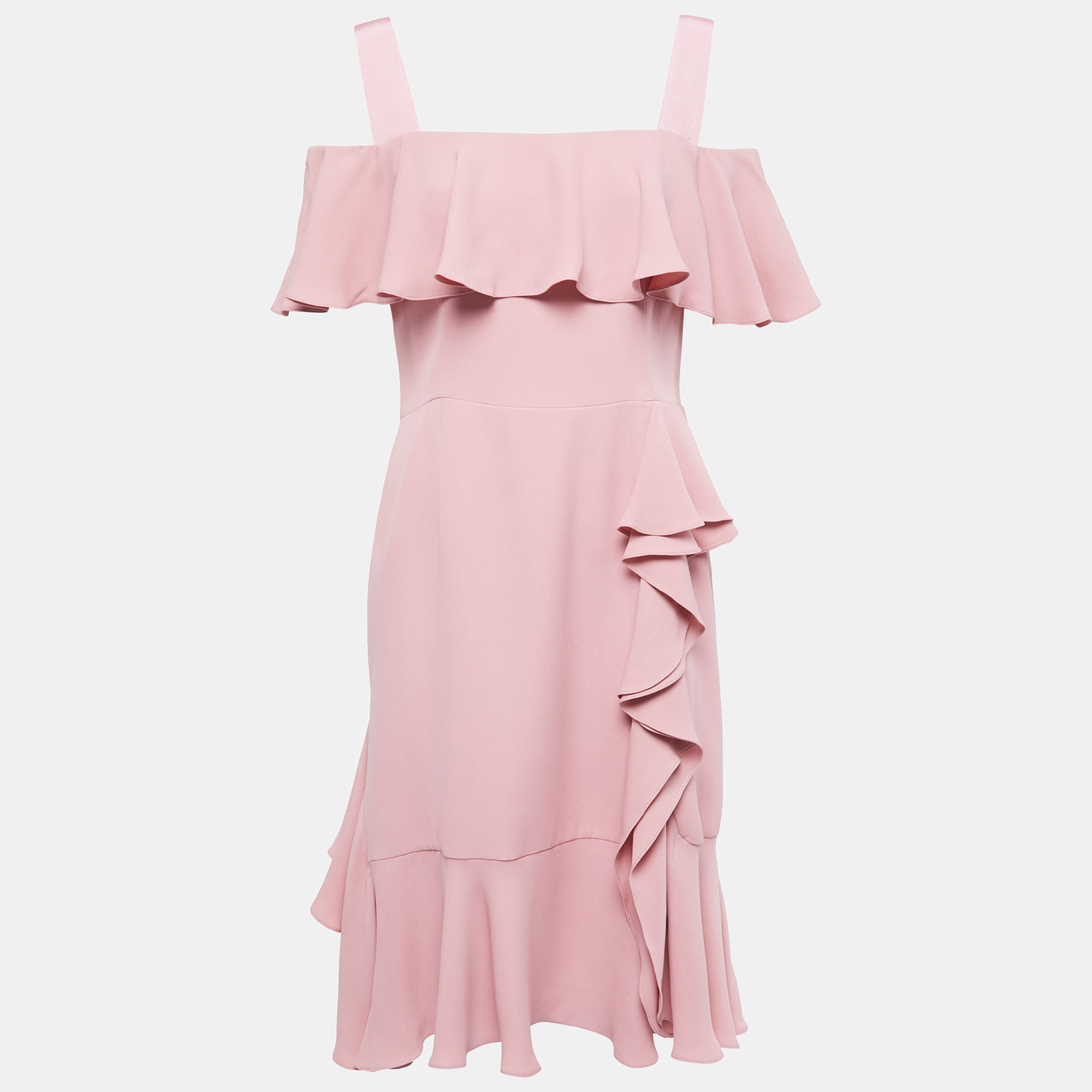 Pink Silk Chiffon Ruffled Off-Shoulder Midi Dress M