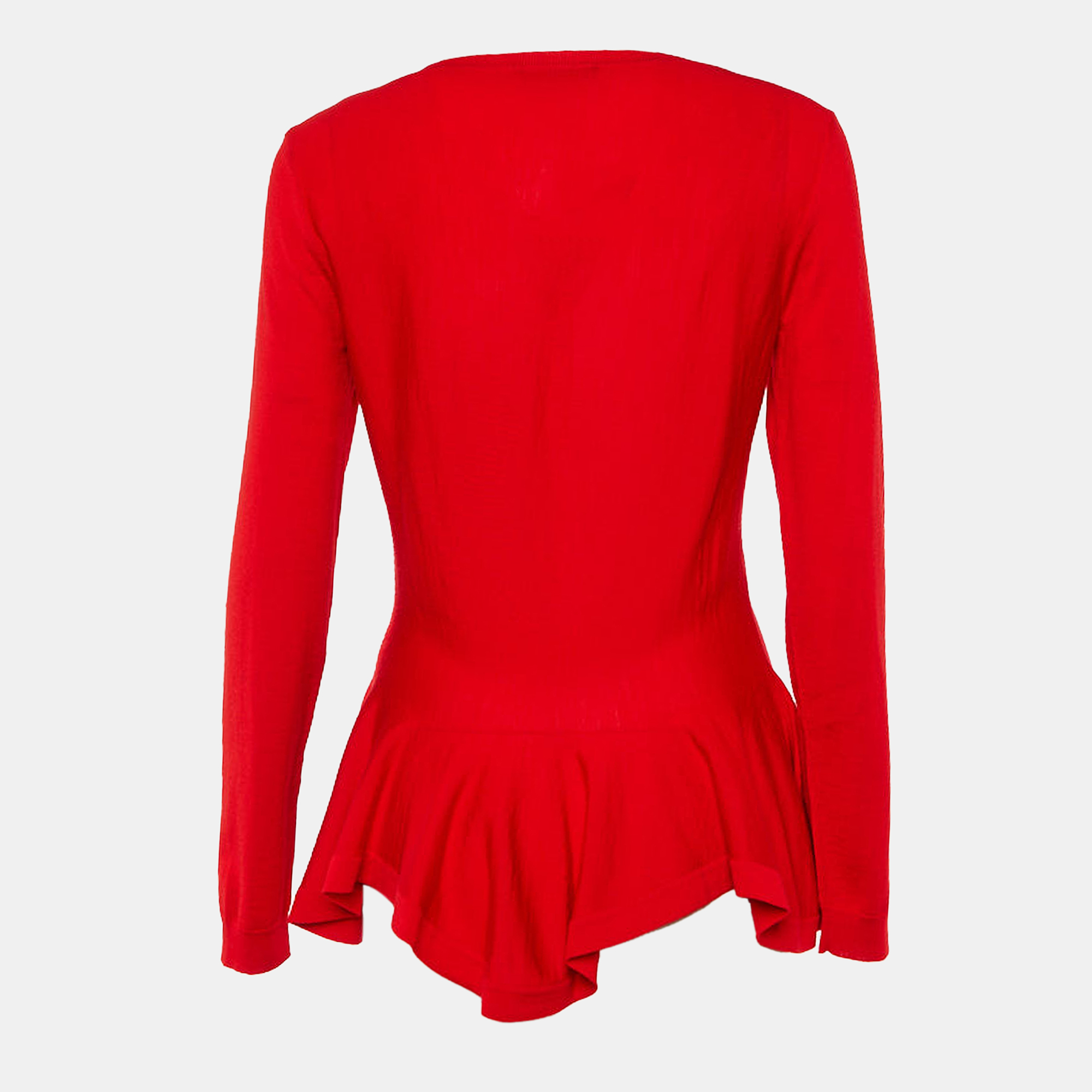 

Alexander McQueen Red Wool Knit Flared Hem Wide Neck Sweater