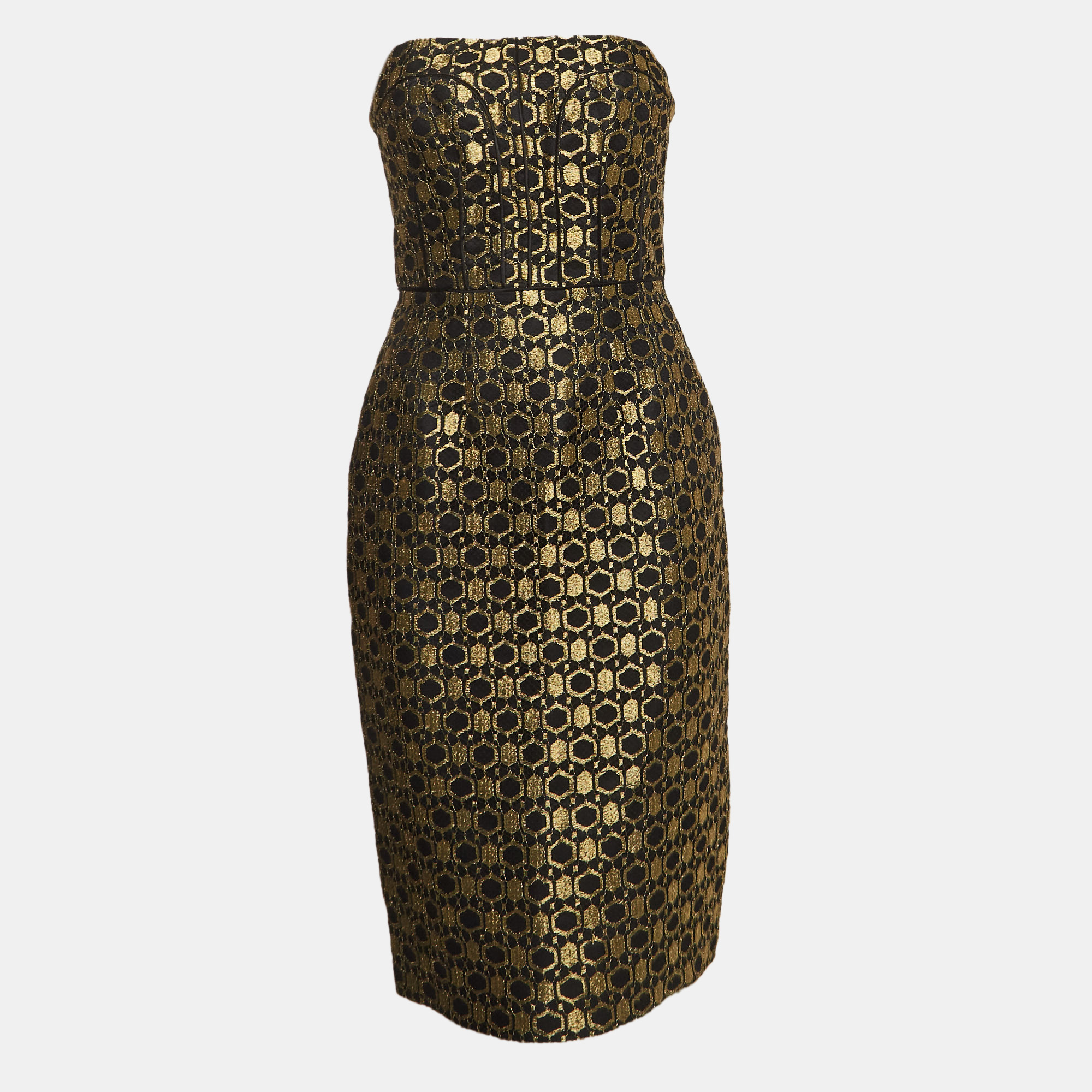 Pre-owned Alexander Mcqueen Black/gold Jacquard Strapless Midi Dress M