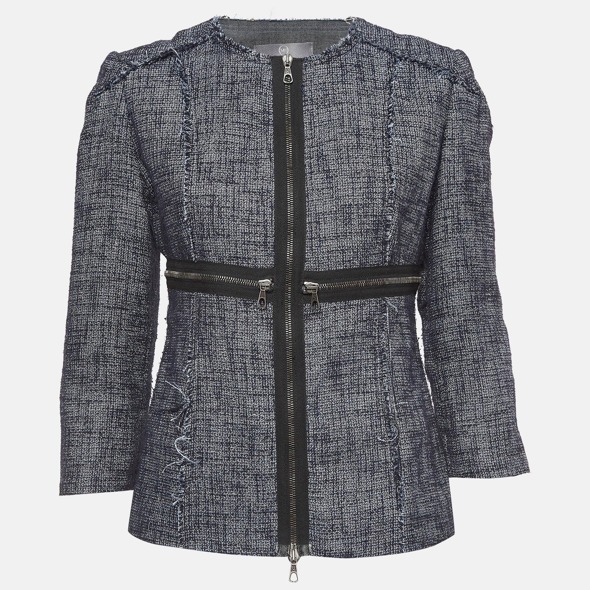 

Alexander McQueen Navy Blue Tweed Zip Front Jacket