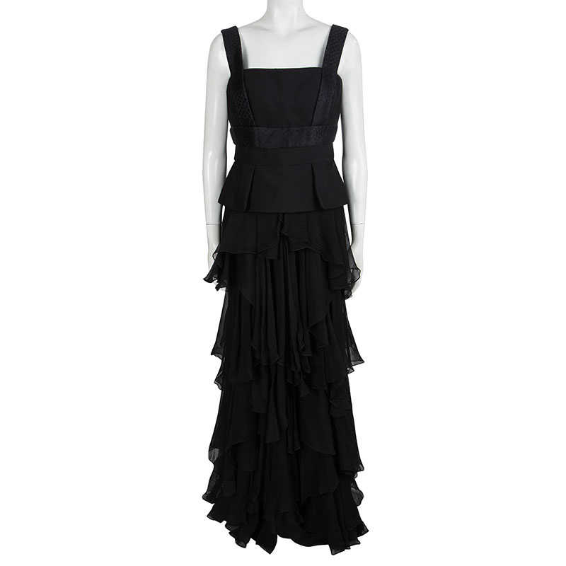 

Alexander Mcqueen Black Tiered Sleeveless Peplum Gown