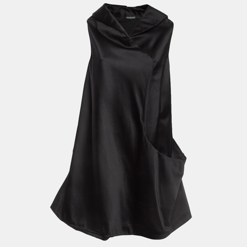 Pre-owned Alexander Mcqueen Black Satin Silk Mini Shift Dress S