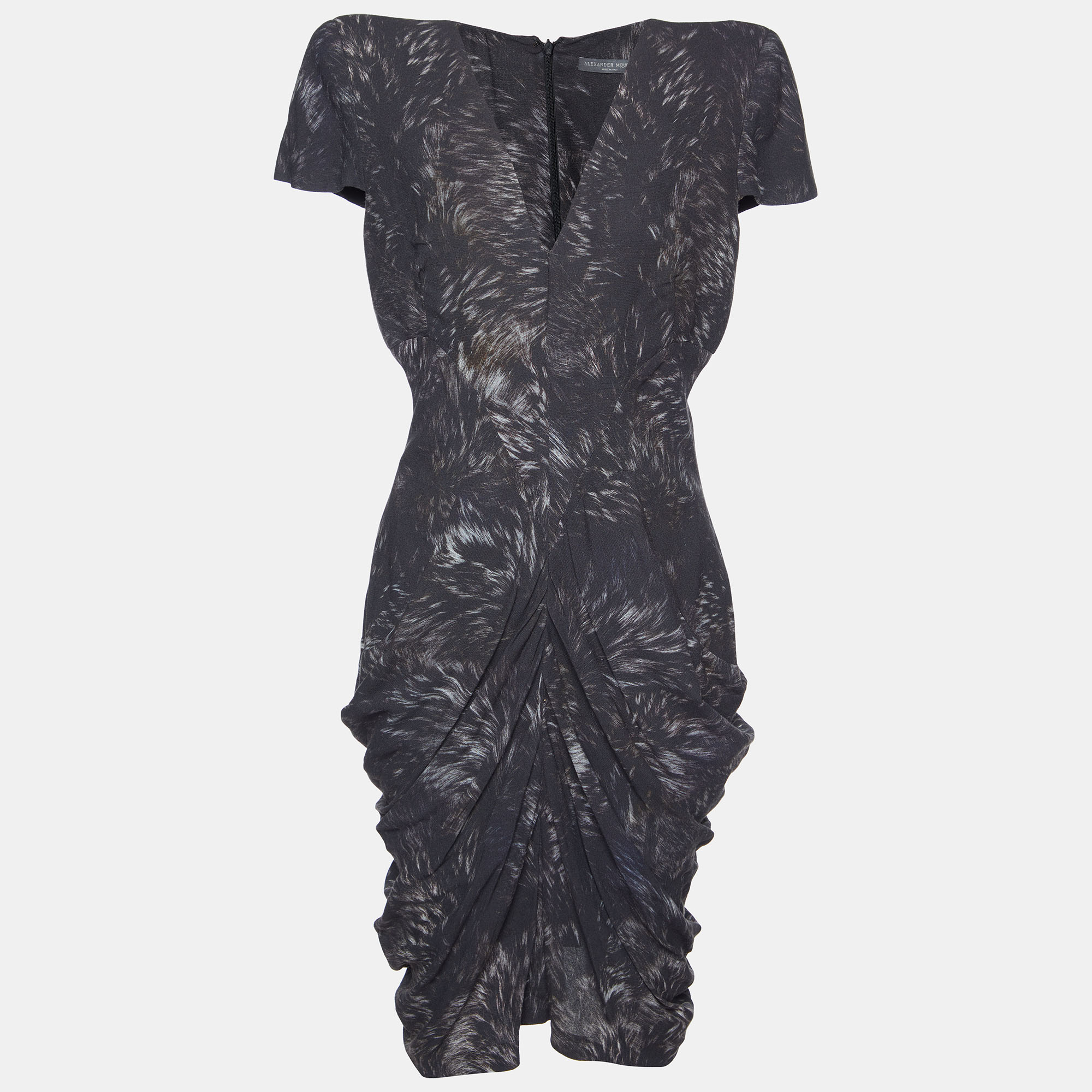 

Alexander McQueen Black Printed Crepe Draped Midi Dress