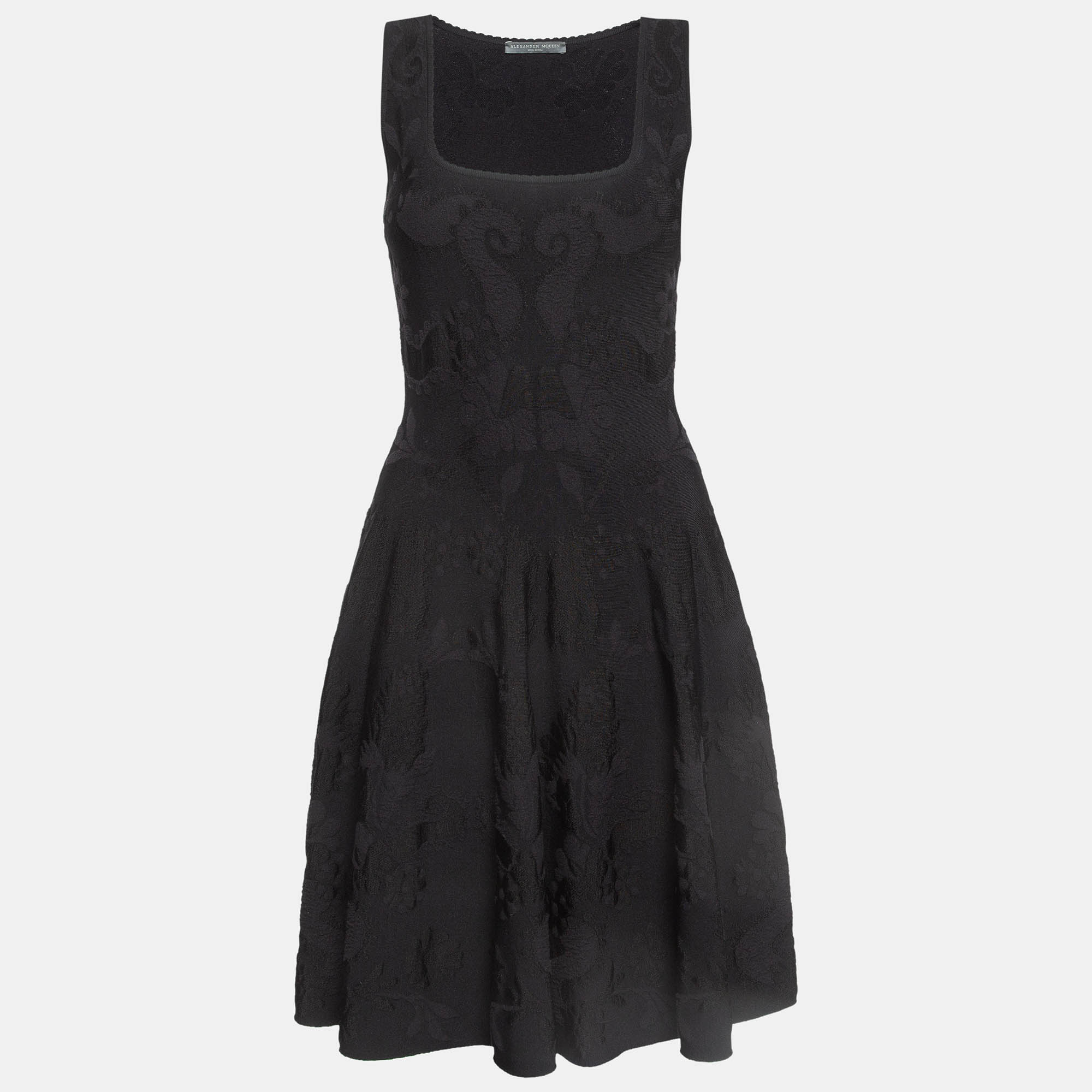 

Alexander McQueen Black Embossed Stretch Knit Flared Short Dress XS