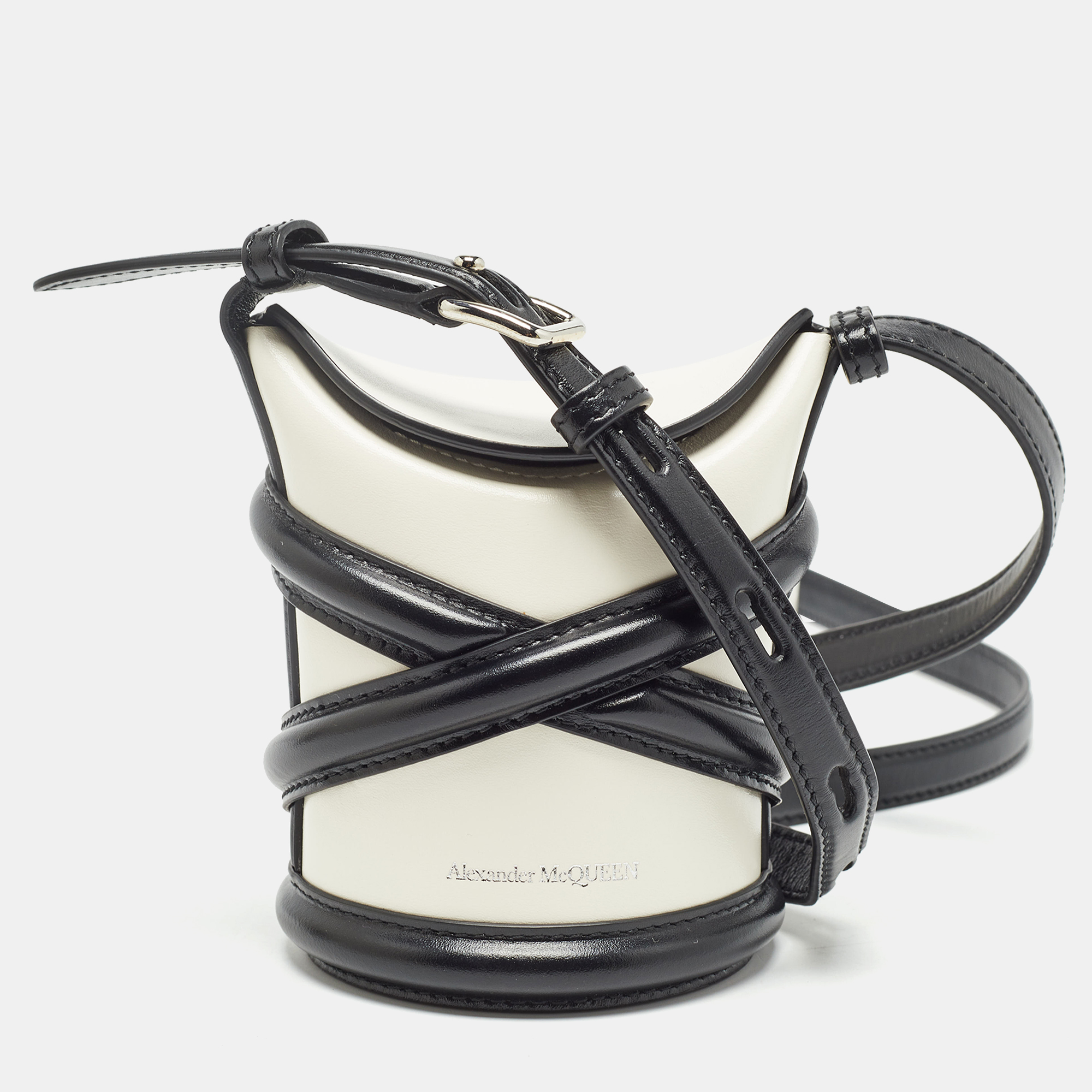 

Alexander McQueen Black/White Leather Mini The Curve Bucket Bag